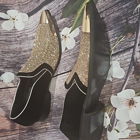 Parrazo Black Velvet & Gold Rhinestone Smoking Loafers With Gold Tip - Picture 5 of 7